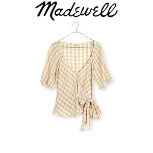 Madewell Gingham Sweetheart Wrap Top, Tan/Cream, Size M